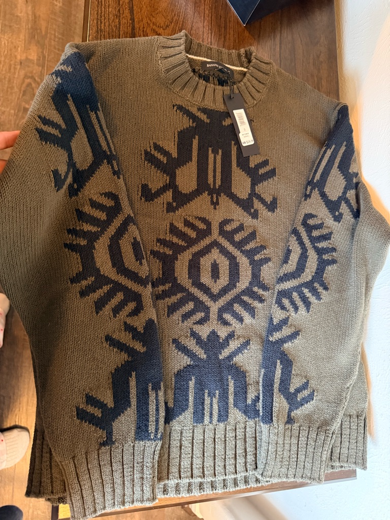 Banana Republic Earthen Green And Black Patterned Crewneck Sweater For Men.